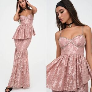 NEW For Love and Lemons Shai Lace Tiered Gown Rhinestones Pink Size Small